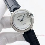 Swiss Quality Knockoff Cartier Ballon Bleu 36mm Automatic Watch With Diamond Bezel Black Leather Strap